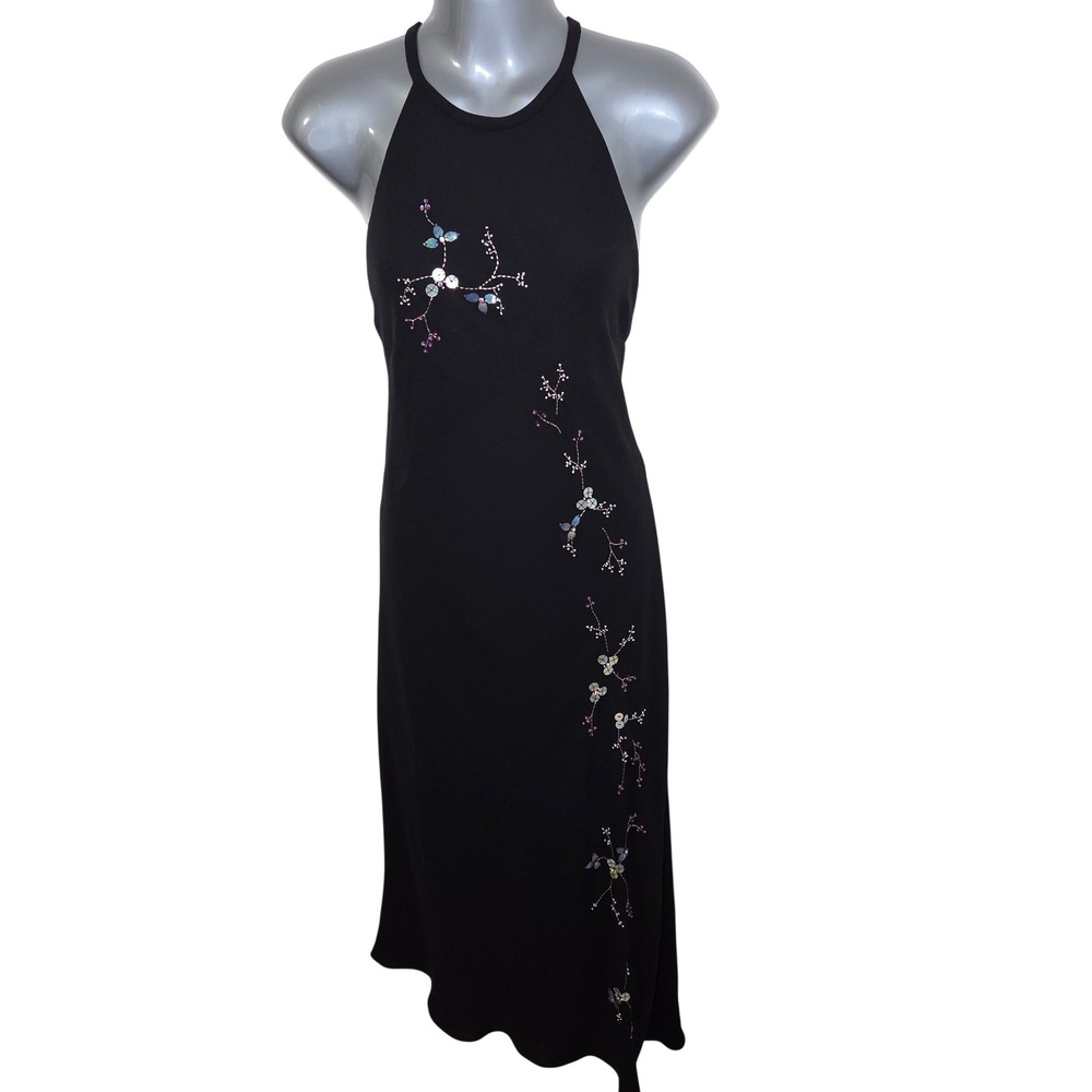 Black Maxi Dress Floral Beaded Embellished Size 12 Fairy Y2K Dark Romantic 90s